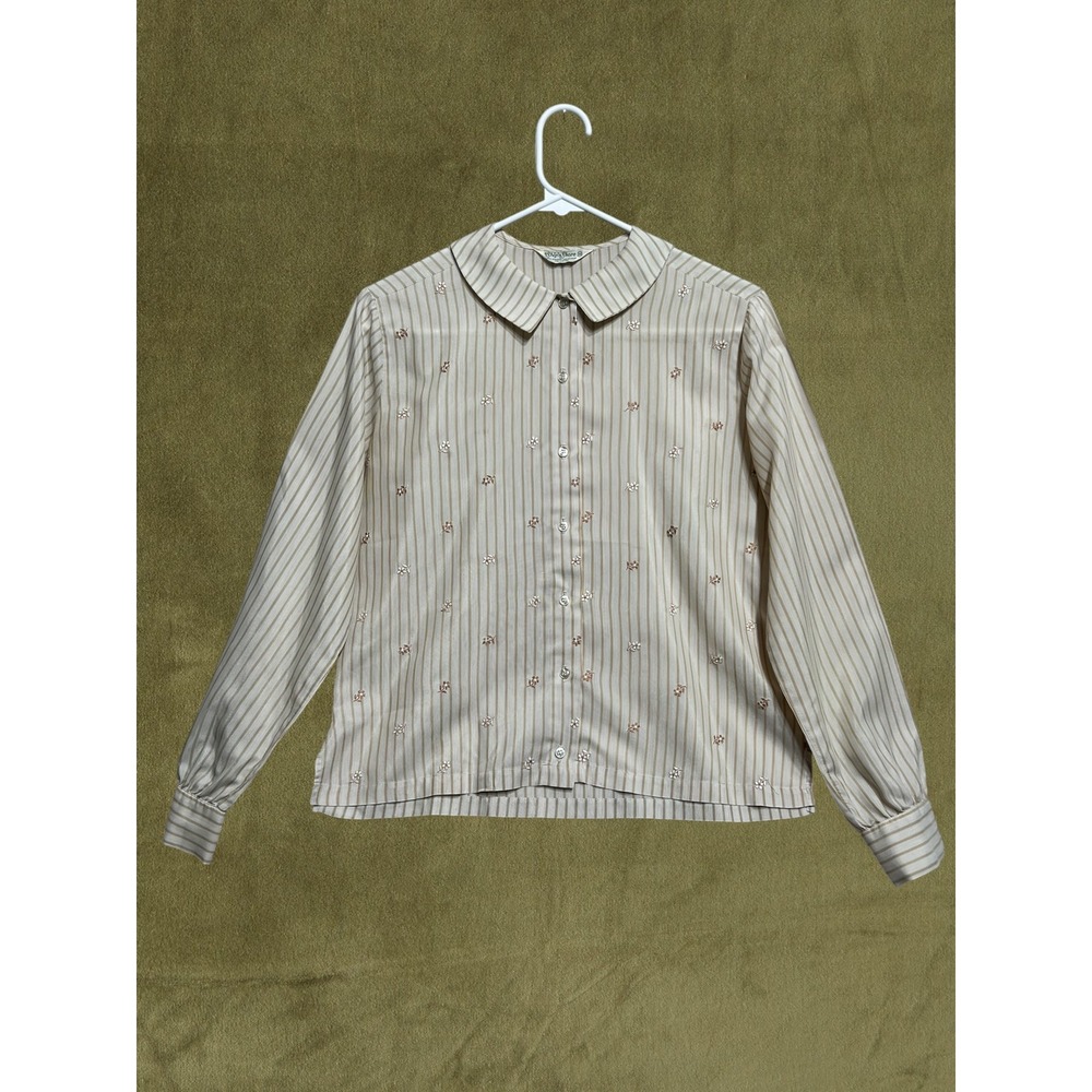 Vintage Ship n Shore 70s Striped Embroidered Floral Blouse Tan White Size 32